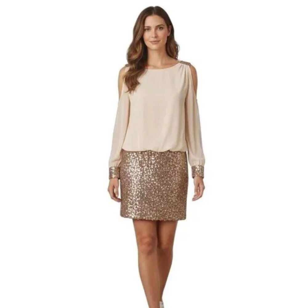 NEW Cache Cocktail Dress Women's 4 Open Arm Sequin Ivory Long sleeve Metallic